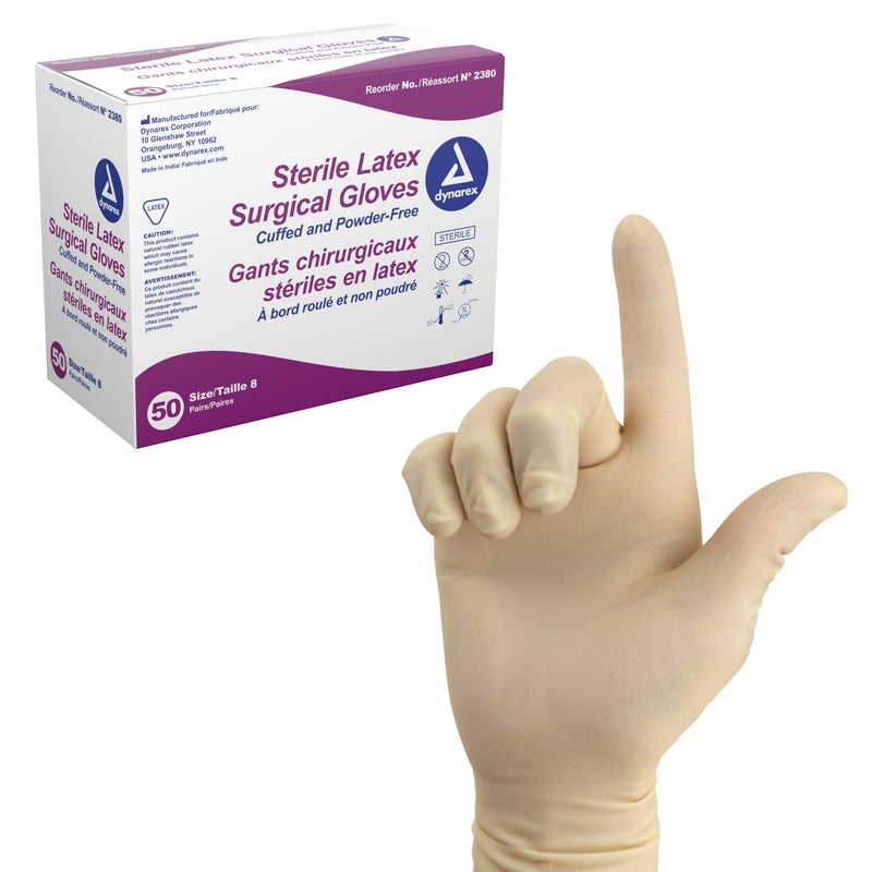 Dynarex Sterile Latex Surgical Gloves, Size 8 & Powder-Free, Offers Superior Protection & Comfort for Sensitive Hands, Beaded Cuffs, Bisque, 1 Box of 50 Pairs (Packaging May Vary) - Image 1